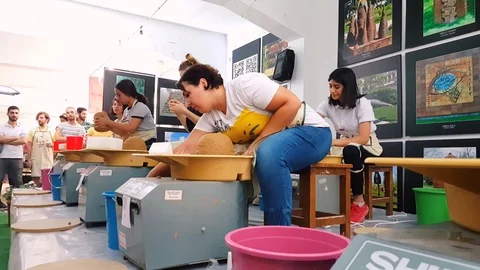 Students attending to the pottery contest at the 12th International Eskisehir Stock Footage 104076257
