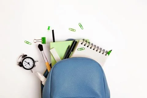 Student's backpack with different stationery and study supplies Foto stock