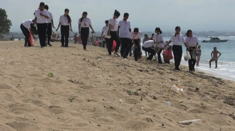 Students on Beach Conservation Cleaning 4K Stock Footage