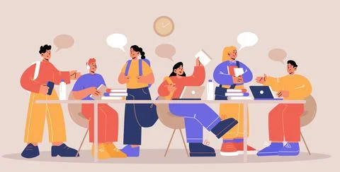 Students with books and laptops study at desk Stock Illustration