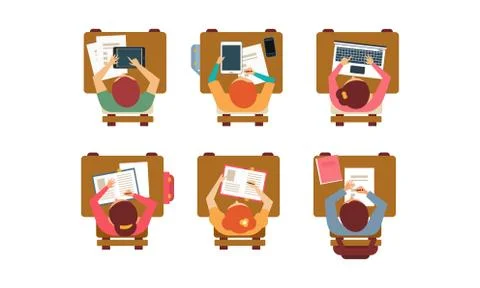 Students with books, laptops and digital tablets sitting behind desks, top view 스톡 일러스트