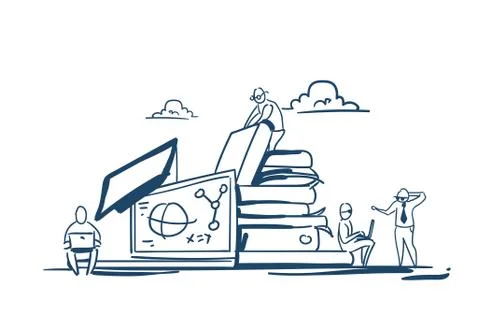 Students on books stack education knowledge concept studying process molecular Illustrazione stock