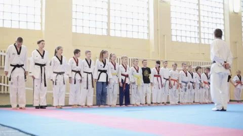 Students bow to the coach before training taekwondo Stock Footage 54417686