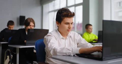 Students Boys Learning Programming Language In Coding Classes, Portrait Of Stock Footage 280179279