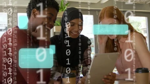 Students in cafe tapping tablet, causing teal chat boxes sliding over then Stock Footage 333925128