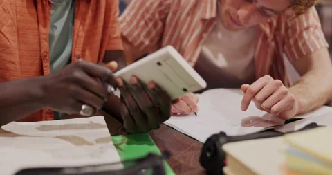 Students, calculator and studying in library for university, exam and accounting Stock Footage 306434407