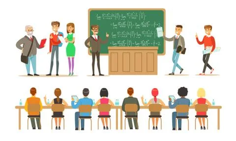 Students in the classroom communicate and study. Vector illustration. Stock Illustration