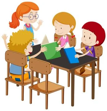 Students with classroom elements on white background Stock Illustration