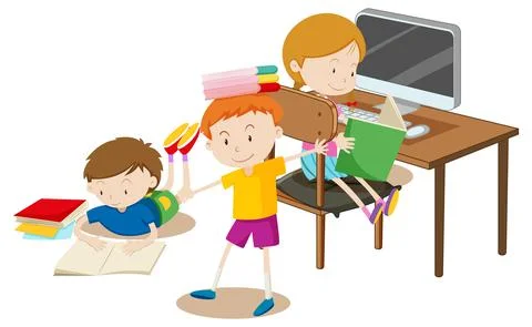 Students with classroom elements on white background Illustrazione stock