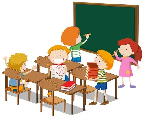 Students with classroom elements on white background Stock Illustration