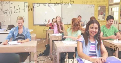 Students in classroom learning math, smiling and engaging with teacher's lesson Stock Illustration