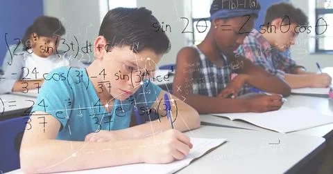 Students in classroom solving math problems, focusing on their work Illustrazione stock