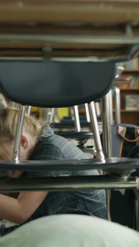 Students in classroom surprised by earthquake hiding under desks  - vertical 스톡 동영상 254628870