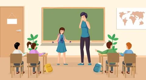 Students at classroom vector illustration. Confused girl with ink stains on Stock Illustration