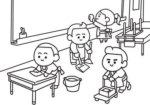 Students cleaning the classroom coloring pages. Illustrazione stock