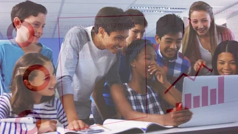 Students clustering around laptop in classroom, reacting to rising animated data Stock Footage 334337978