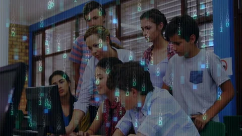 Students collaborating around lab computer while teacher guiding typing and Stock Footage 313240865