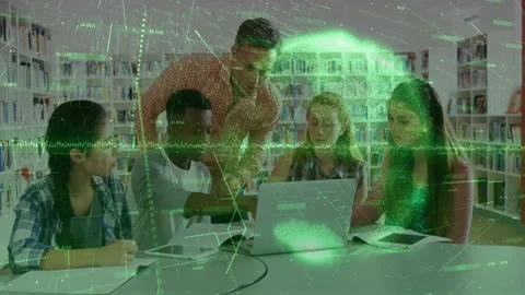 Students collaborating on laptops with digital data processing animation overlay Stock Footage 330256146