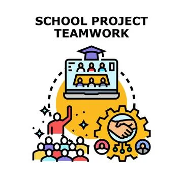Students collaborating on school project teamwork and online education Stock Illustration