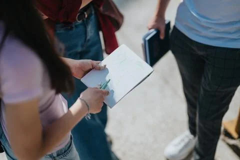 Students collaborating while reviewing a sketch notebook outdoors Stock Photos