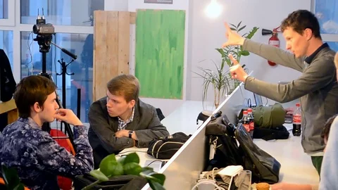 Students communicate during Hackaton Broadcast LAB 2016 in Kiev, Ukraine. Video stock 71689324
