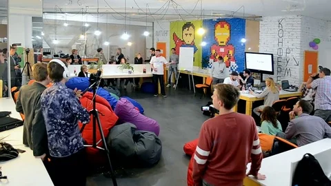Students communication during Hackaton Broadcast LAB 2016 in Kiev, Ukraine. Stock Footage 71689317