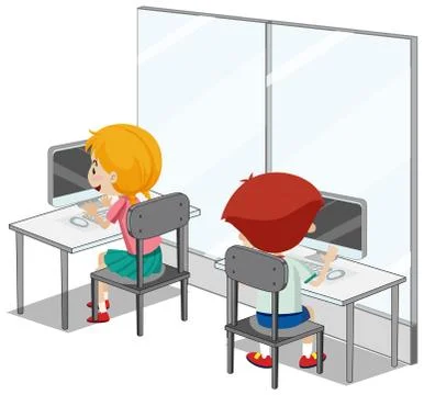 Students with computer classroom elements on white background Illustrazione stock