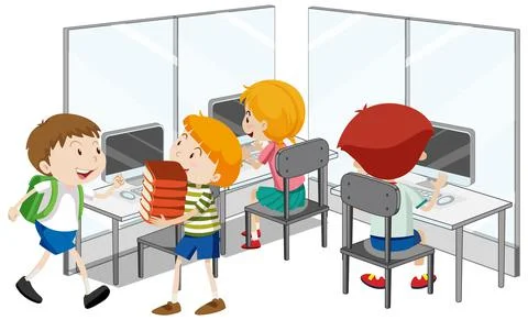 Students with computer classroom elements on white background Illustrazione stock