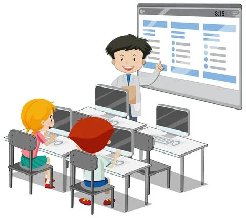 Students with computer classroom elements on white background 스톡 일러스트