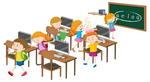 Students with computer classroom elements on white background Illustrazione stock