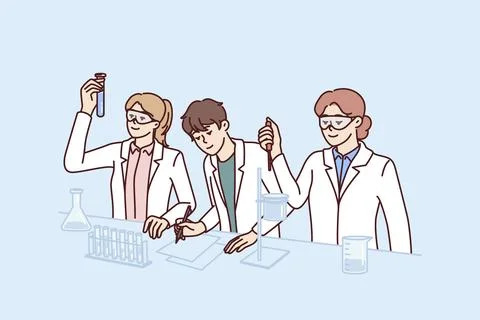 Students conduct experiments in laboratory doing scientific research to prepare Stock Illustration