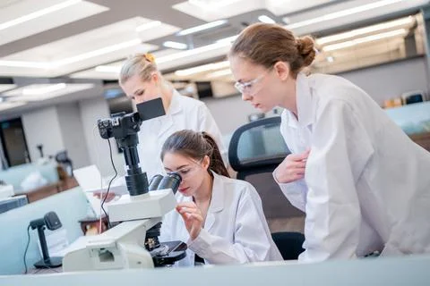 Students conduct research while using a microscope in a modern laboratory s.. Stock Photos