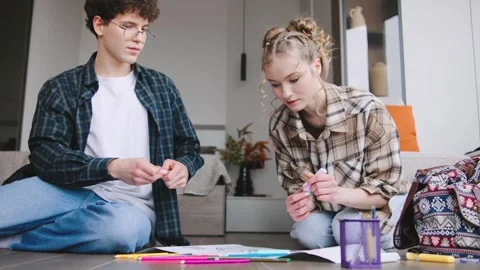 Students create art project at home during afternoon Stock Footage 346185912