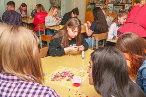 Students create crafts from paper 写真素材