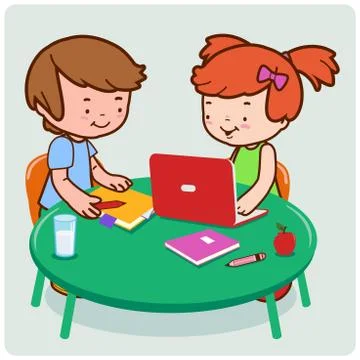 Students at a desk do their homework using a computer. Vector illustration 库存插图