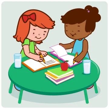 Students at a desk doing their homework. Vector illustration Stock Illustration