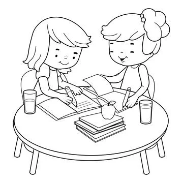 Students at a desk doing their homework. Vector black and white coloring page. Stock Illustration