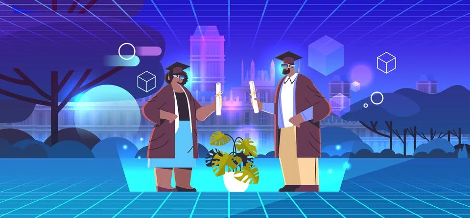 Students in digital glasses experiencing virtual reality vr vision headset Stock Illustration