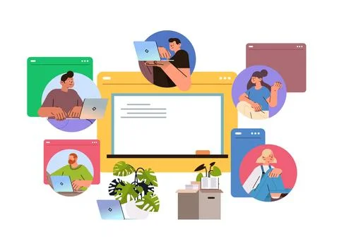 Students discussing during virtual conference meeting webinar web seminar peer Stock Illustration