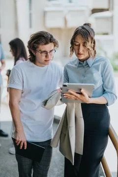Students discussing project with teacher using a tablet outside classroom space Stock Photos
