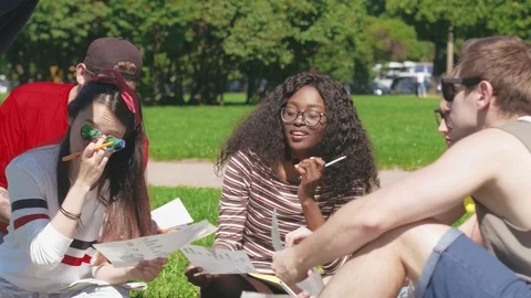 Students discussing their group project sittiong on green lawn Stock Footage 98872354