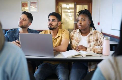 Students, diversity or laptop in school classroom, lecture or lesson on college Stock Photos
