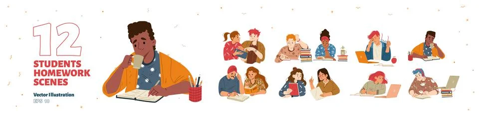 Students do homework, read books Stock Illustration