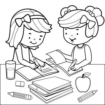 Students doing homework. Black and white coloring book page. Stock Illustration