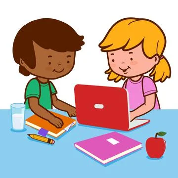 Students doing homework using a computer. Vector Illustration 스톡 일러스트