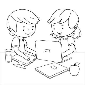 Students doing homework using a computer. Vector black and white coloring page 스톡 일러스트
