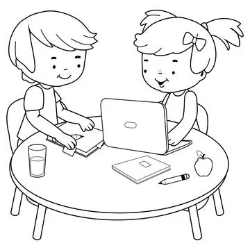 Students doing their homework. Vector black and white coloring page Stock Illustration