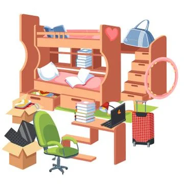 Students dormitory interior flat colorful poster with bunk bed with drawers Stock Illustration