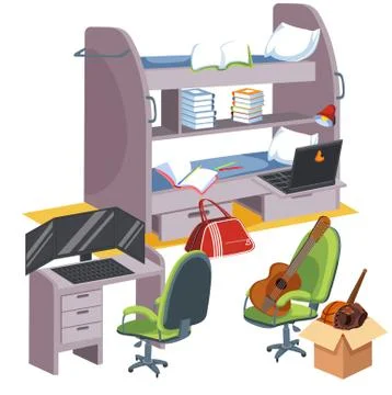 Students dormitory interior flat colorful poster with bunk bed with drawers Stock Illustration