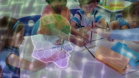 Students drawing at table in class, teacher handing pencil, hex overlay Stock Footage 333609956